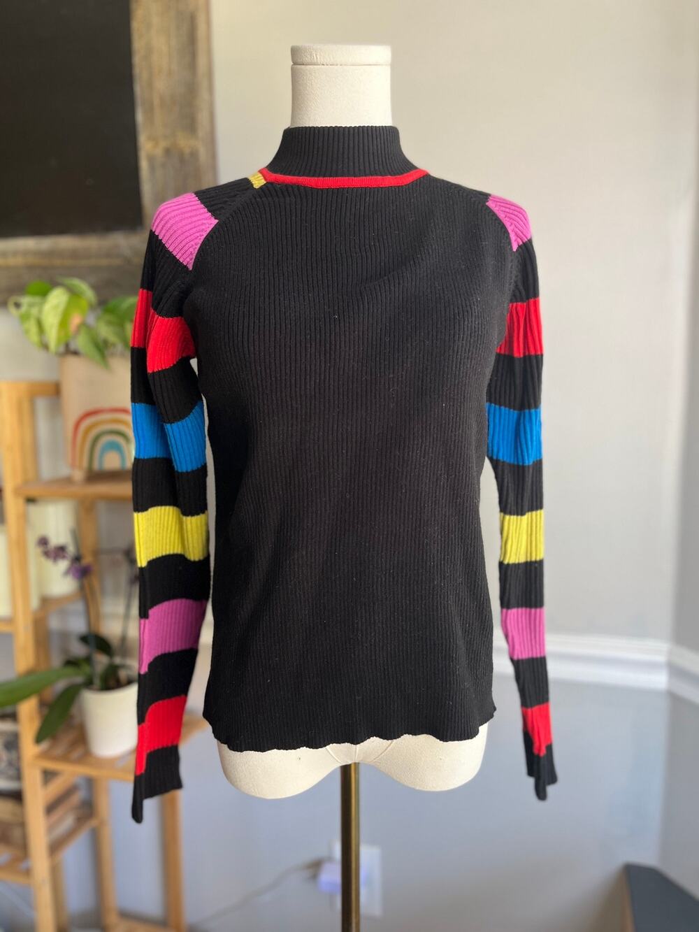 Vintage 90s Mockneck Sweater Black Ribbed Colorful Stripes Cotton Size Large